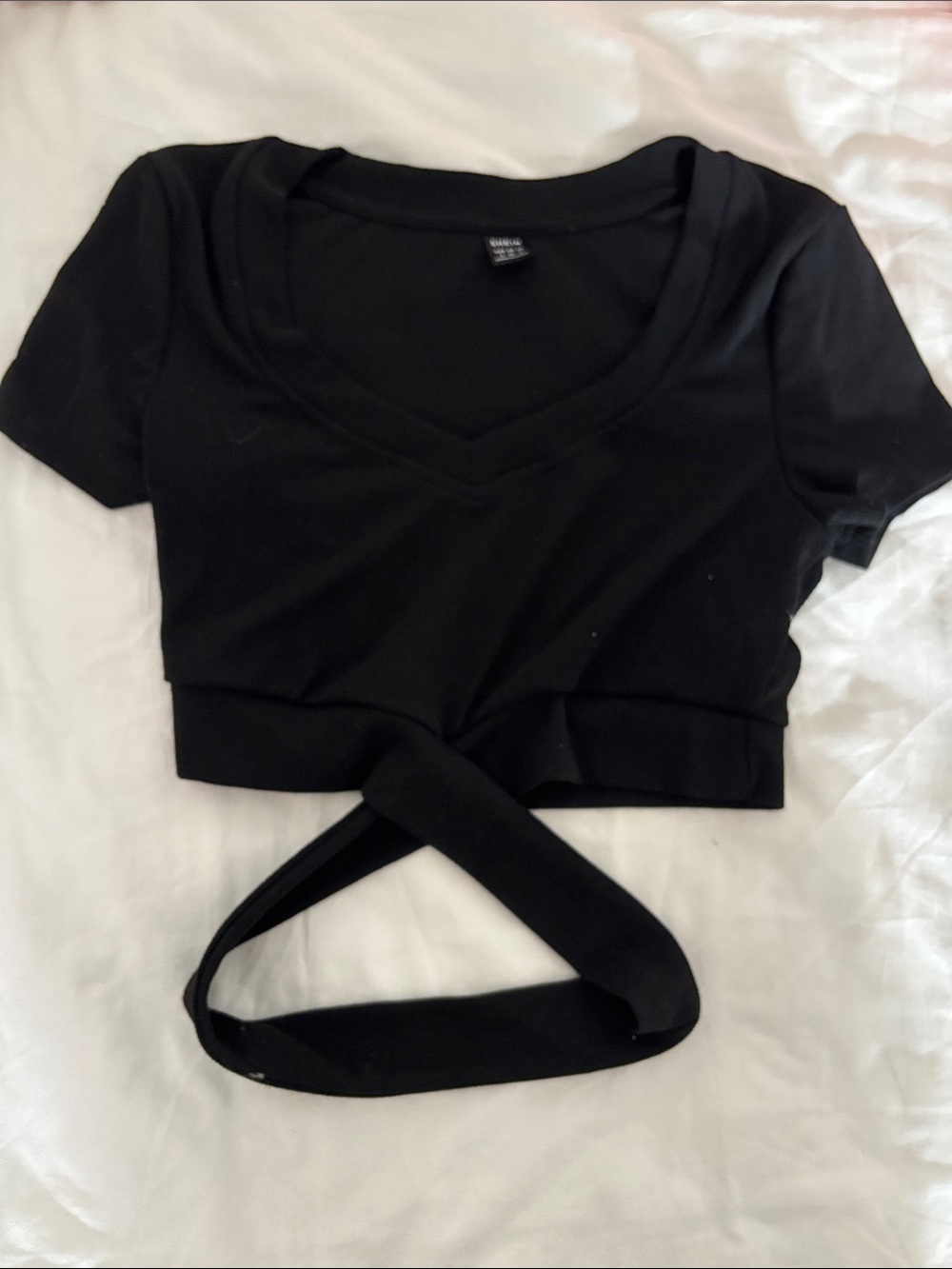 (5/15$) Black Wrap Crop Top with V-Neck and criss cross waist
